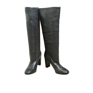 Vince Camuto Black Leather Perforated Knee High Boots | Size 7.5